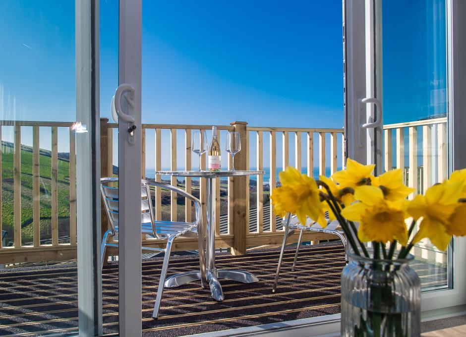 The decking area of one of the Diamond caravans at Woolacombe Sands Holiday Park