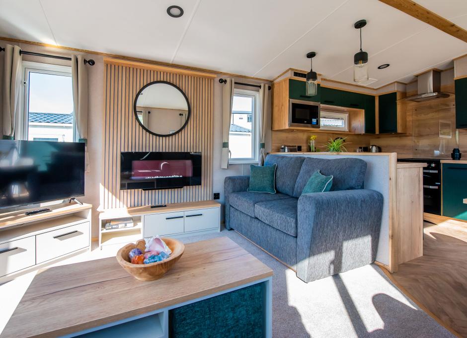 The living area inside a Diamond Caravan at Woolacombe Sands Holiday Park